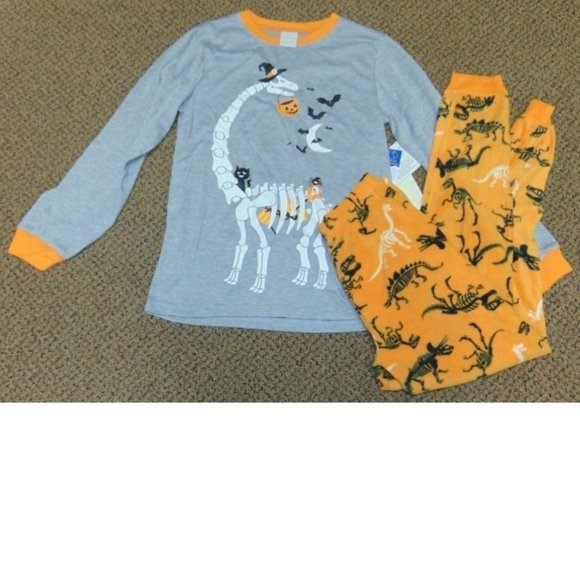 Skeleton Dinosaur Halloween Pajamas 10/12 Gray Shirt & Orange Pants 2 Pc Kids - Picture 1 of 8